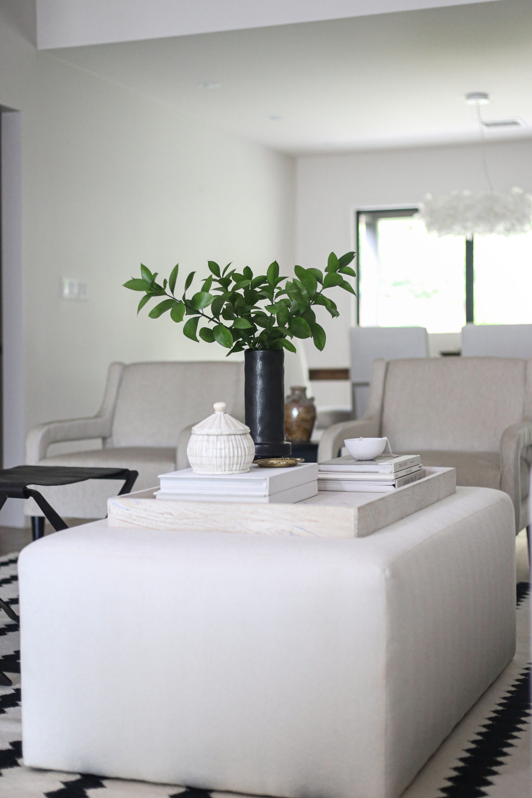 WHITE LINEN COFFEE TABLE WITH TRAY AND VASE WITH A PLANT CUTTING